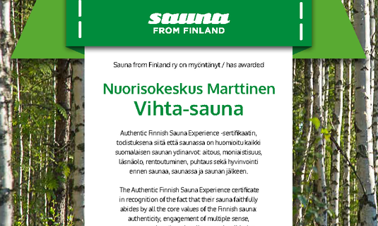 Youth Centre Marttinen's Vihta Sauna was awarded a quality label by Sauna  from Finland ry | en-news | Nuorisokeskus Marttinen